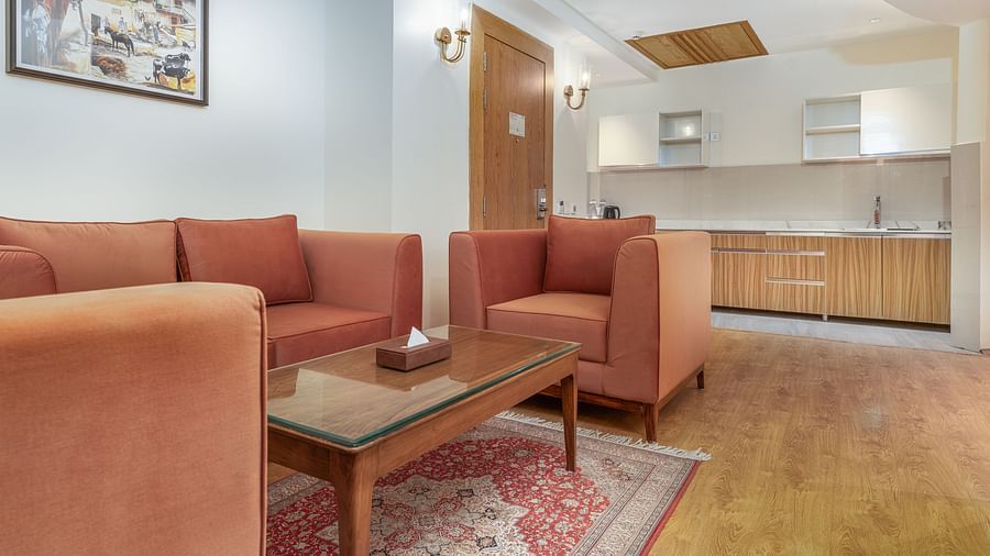 An image of our suite featuring elegant Kitchenette and a living space - Sarovar Premiere, Srinagar